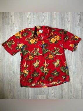 Men's Red Tropical Button-Down Camp Shirt with Floral & Pineapple Print